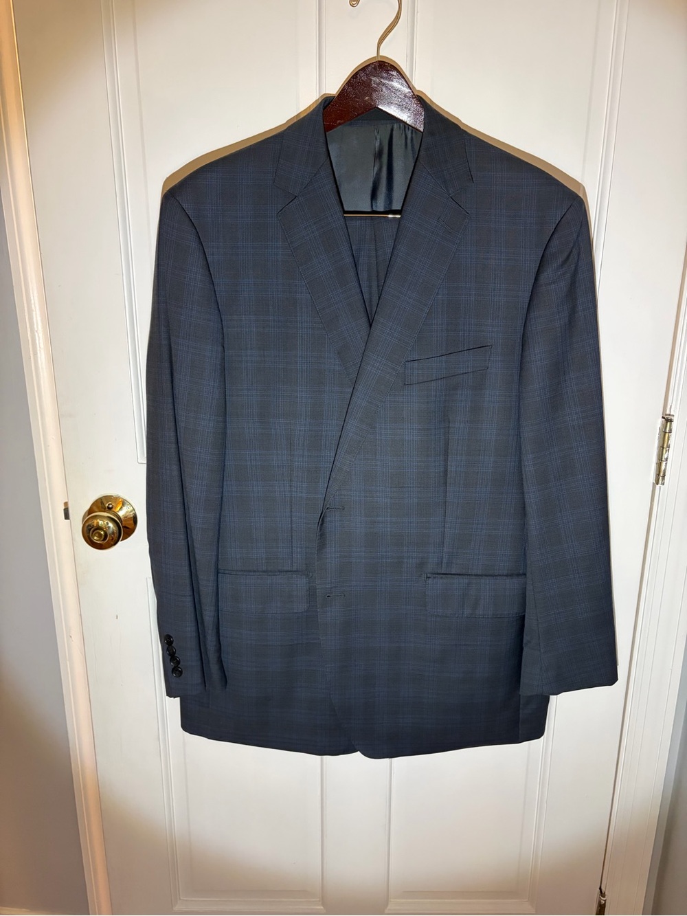 Men's Navy Blue Plaid Single-Breasted Suit Jacket